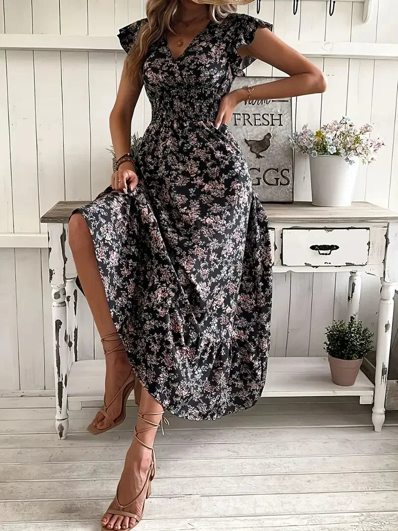 Vestido largo floral con vuelo – Mirela