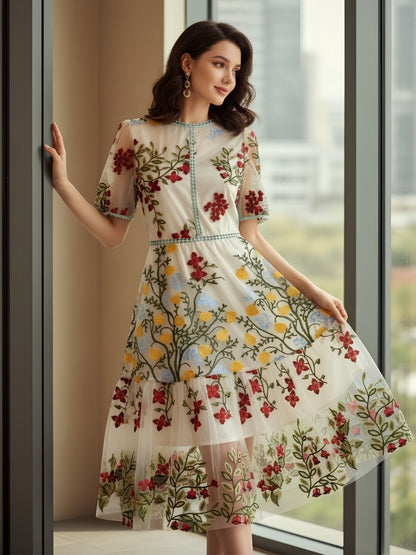 Vestido bordado de malla – Almendra